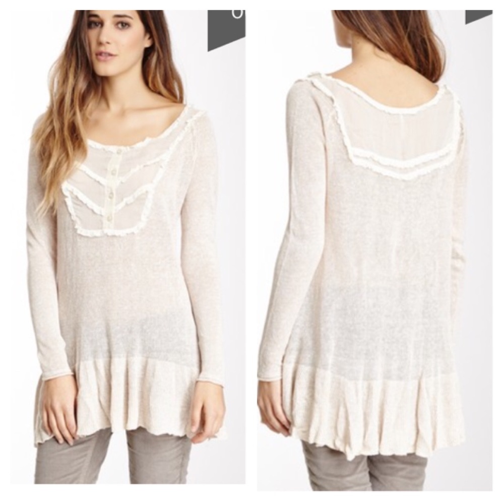 Free People Candy Yoke Linen Peplum Pullover Top Taupe size XS